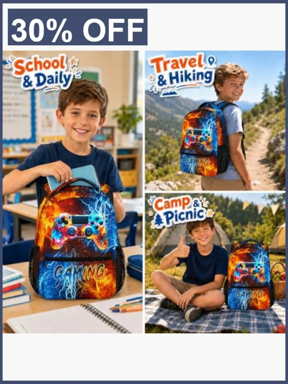 Kids Gamer Backpack for School, Lightweight Polyester Bookbag with Padded